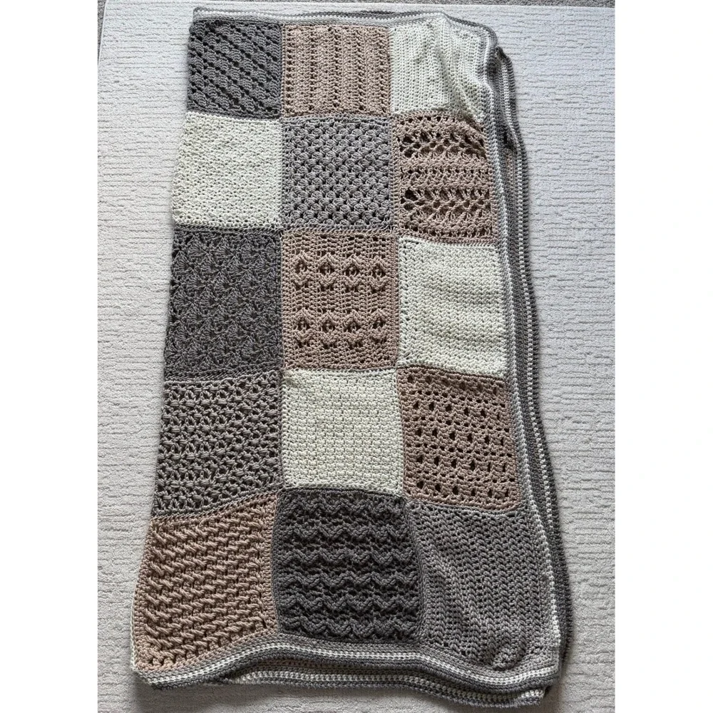 Handmade‎ Crochet Patchwork Blanket Neutral Taupe Grey Cream Throw 62x55 Soft